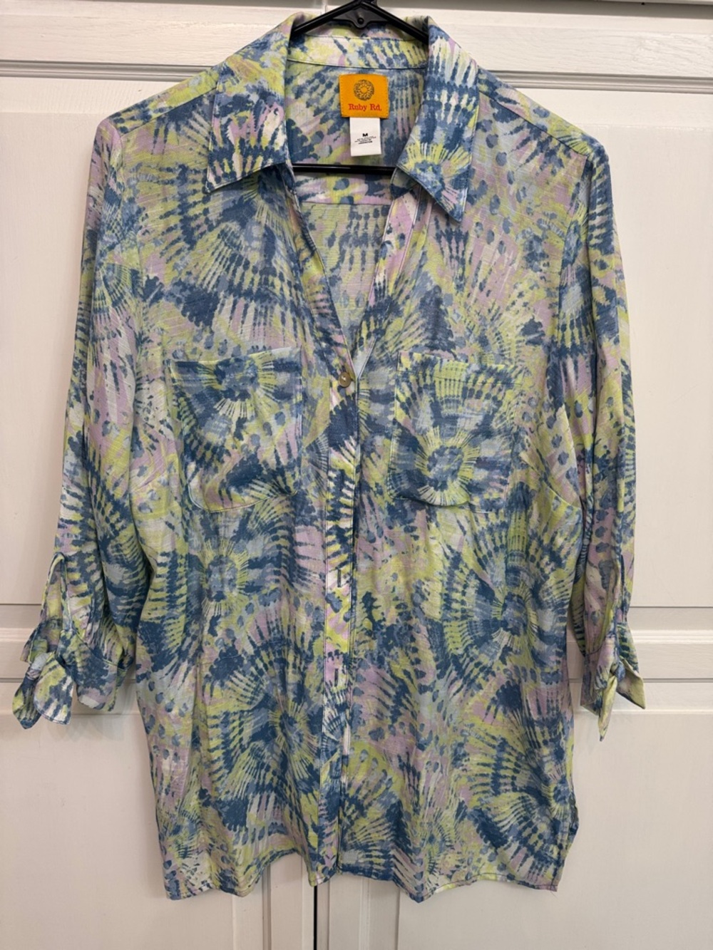 Ruby Rd. Blue Green Tie-Dye Button Front Shirt. Lightweight colorful Long size M